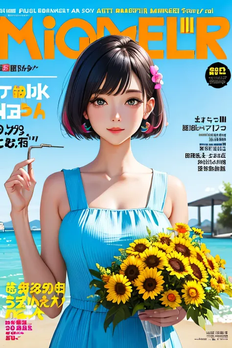 masterpiece, highest quality, Summer costumes, colorful hair, outdoor, magazine cover ,Upper body,Shorthair girl