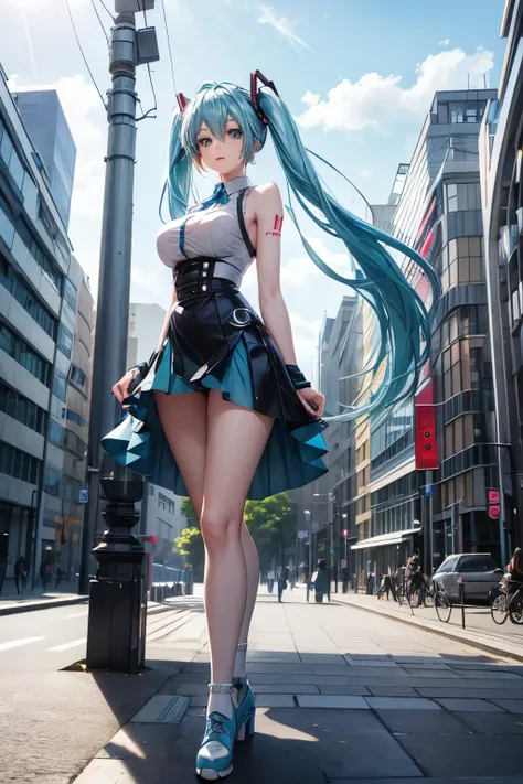 a girl, light blue hair, Hatsune Miku style hair, blue eyes, 20 years old, in berlin, modern city, accessories, sculptural body, best quality, masterpiece, busty 