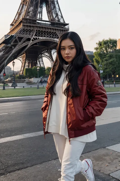 a beautiful Indonesian girl, long black hair, red winter jacket, fashionable sneakers, standing in front of the Eiffel Tower in daylight, ultra-detailed, realistic, portraits, vivid colors, warm color tone, soft lighting, realistic, 8k, HD