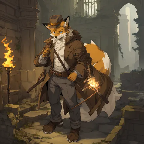 top quality, best quality, masterpiece, super high resolution, detailed background, Old Ruins, Dungeons(highly detailed beautiful face and eyes)absurdres, perfect anatomy(handsome 1boy, kemono, solo focus, labo coat)(furry)(furry anthro:1.7)(Furry body, fo...