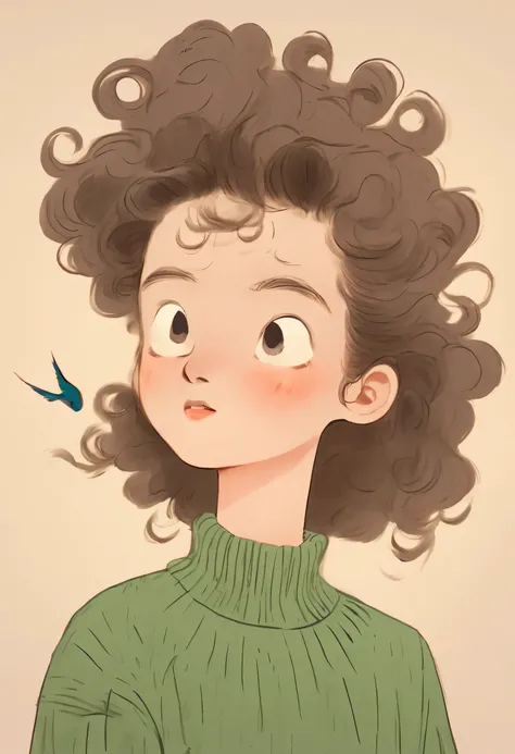 Distinctive style，long neck，Big head，Exaggerated hair，蓬松的头发上的birdie，birdie，exaggerated expression，Nonsense，Green sweater，Long curly hair，clean background，hand drawn style，，pencil drawing，Lovely，smooth lines，Line outline，light and shadow，Sense of space，clea...