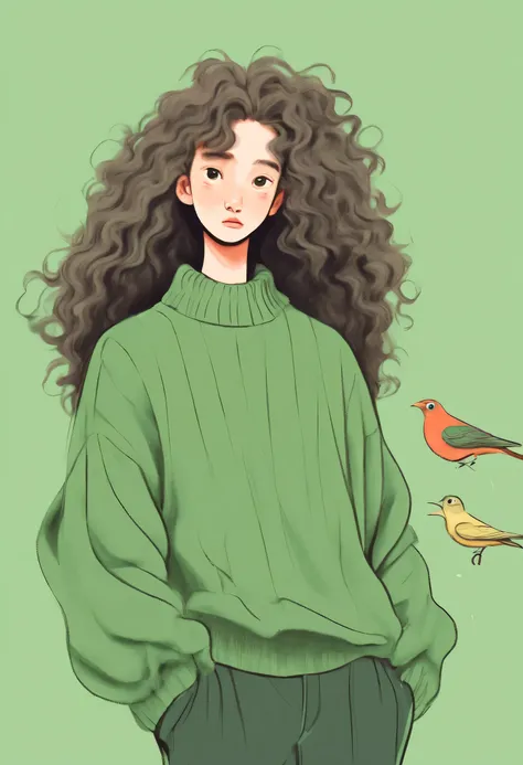 Distinctive style，long neck，Big head，Exaggerated hair，bird on fluffy hair，exaggerated expression，Nonsense，Green sweater，Long curly hair，clean background，hand drawn style，，pencil drawing，Lovely，smooth lines，Line outline，clean screen