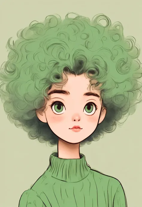 Distinctive style，long neck，Big head，Exaggerated hair，bird on fluffy hair，exaggerated expression，Nonsense，Green sweater，Long curly hair，clean background，hand drawn style，，pencil drawing，Lovely，smooth lines，Line outline，clean screen