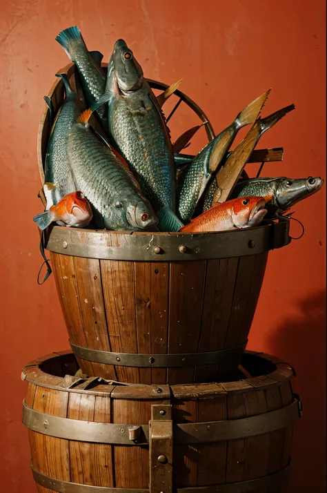 Shooting fish in a barrel, red background