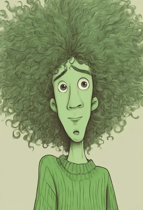 long neck，interesting，Big head，long nose，Hair like a bird&#39;s nest，Nonsense，Green sweater，Long curly hair，clean background，hand drawn style，，pencil drawing，Lovely，smooth lines，clean screen