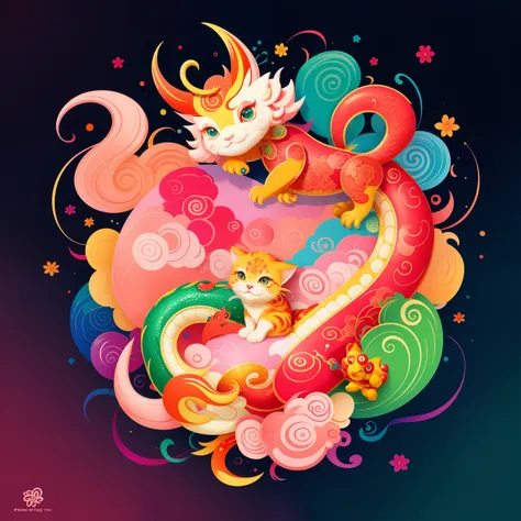 A cute and vibrant Chinese New Year-themed dragon is delicately drawn using colorful paints against a soft pink background, creating an enchanting and adorable masterpiece. This official art showcases top-quality craftsmanship, with clean and unique detail...