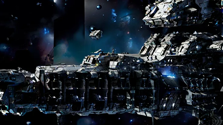Um close up de uma nave espacial de batalha robusta bruta, Her are huge, equipped with cannons, It is in space near a nebula, in the nebula has several debris, ela tem uma torre em cima, altos detalhes, Ultra realista, 8k intrigado