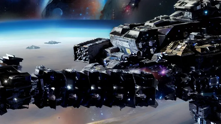 Um close up de uma nave espacial de batalha robusta bruta, Her are huge, equipped with cannons, It is in space near a nebula, in the nebula has several debris, ela tem uma torre em cima, altos detalhes, Ultra realista, 8k intrigado