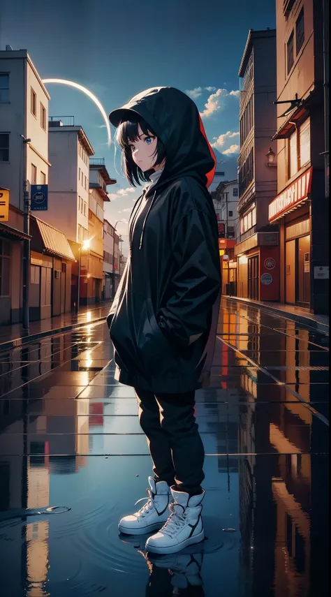 (best quality, 4k, 8k, highres, masterpiece:1.2), ultra-detailed, (anime: 1.2), a person in a hoodie standing alone in the middle of a wet street, surrounded by buildings, under a cloudy sky with the sun breaking through, creating reflections on the wet gr...