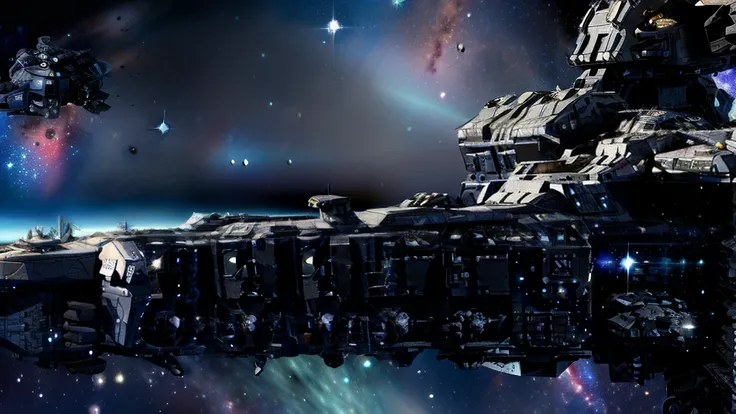 Um close up de uma nave espacial de batalha robusta bruta, Her are huge, equipped with cannons, It is in space near a nebula, in the nebula has several debris, ela tem uma torre em cima, altos detalhes, Ultra realista, 8k intrigado