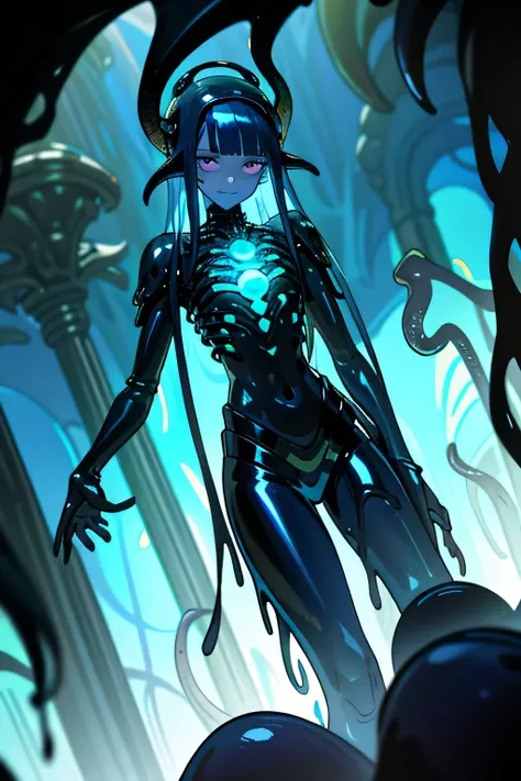 ((dark tentacle in biopunk style)), ((horror tentacles)), Slimy girl, long transparent bangs cover the eyes, mucous skin, blue mucous skin, dark blue skin slime, spine belt, crude black iron helmet, metal shoulders, metal bib, black oil liquids, Dark Fanta...