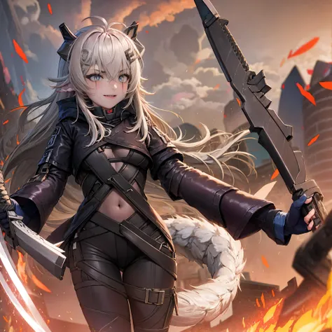 masterpiece, shoulder length white hair, female, 2 white fox ears, teenage girl, slime body, white scale dragon tail, military boots,black leggings, military combat pants, black T-shirt, white jacket open, medium size chest, detailed blue eyes,solo female,...