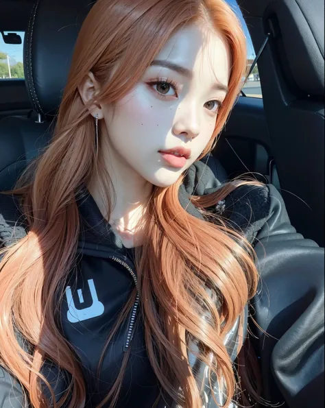 um close de uma mulher com longos cabelos ruivos sentada em um carro, Ulzzang, ela tem cabelo longo redoranjado, sakimichan, portrait of jossi do blackpink, ela tem longos cabelos castanhos alaranjados, Sun Yunjoo, parque roseanne de blackpink, com rosto r...