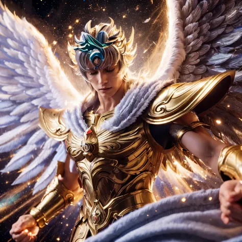 A photorealistic pegasus saint seiya, He wears the Pegasus Cloth, one of the 88 sacred armors that protect the Saints, and uses the Pegasus Meteor Fist, a powerful technique that unleashes a barrage of punches at the speed of light. (8K, best quality:1.2),...