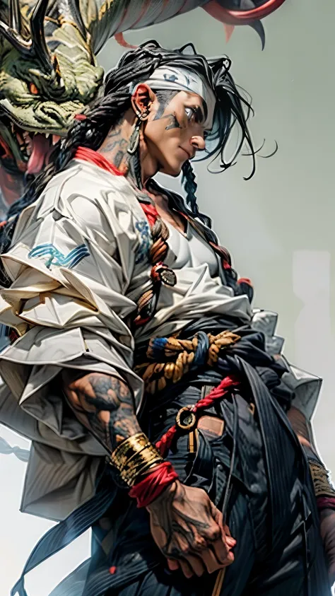 1boy, dark-skinned Caribbean man with long braided hair, foco masculino, espada, roupas japonesas, segurando a arma katana, segurando espada, bainha, mangas longas, haori and hakama, corpo inteiro, fogo, em chamas em volta