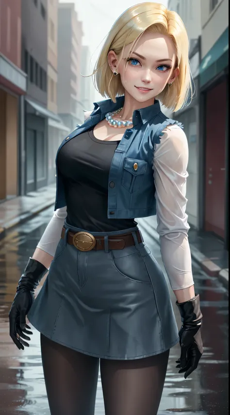 best quality, highres, and18, 1girl, android 18, solo, blonde hair, blue eyes, belt, demin skirt, pearl_necklace, bracelet, black gloves, black shirt, short hair, long sleeves, earrings, blue skirt, open vest, denim vest, medium breasts, cowboy shot, stree...