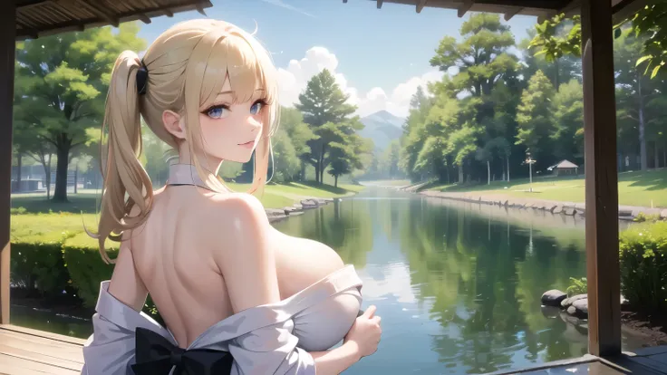 (((masterpiece, best quality))), (((superior quality))), cute girl, ((extremely detailed girl)), ((huge breasts)), (yukata), (bare shoulders), strapless top, slight smile, twin tail blonde, back to the viewer