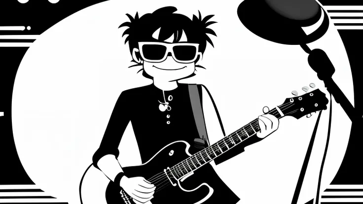 An animation of a cute character that looks like fried shrimp wearing sunglasses and playing the guitar.　Subculture-like atmosphere　The background is black and white　monotone　Drawing like gorillaz