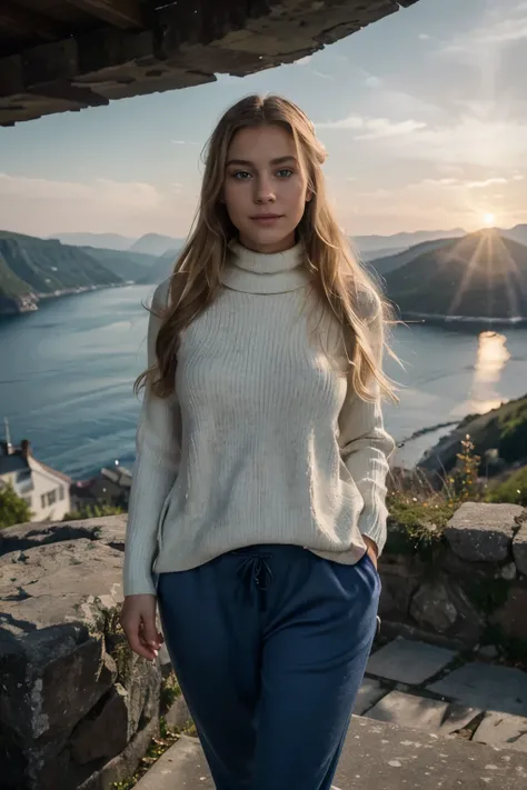 RAW, photograph,((best quality)), ((masterpiece)), ((realistic)), gorgeous european woman, 24 year old, (long blonde hair), blue eyes, standing upright on the edge of a cliff, with a stunning view of a Norwegian fjord below, (shes wearing a turtleneck swea...