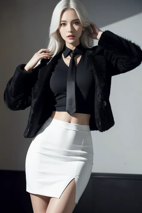 Photorealistic, high resolution, 1 Women, Hips up, Beautiful eyes, White hair, ringed eyes, Collared shirt,black necktie,Black skirt, pencil skirts, Fur coat