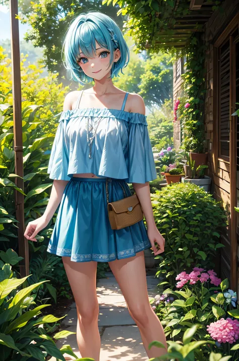  HDR , ultra details , cyan hair , short hair , standing , smile , garden  , sun , sunlight , skirt , off shoulder top , soft light 