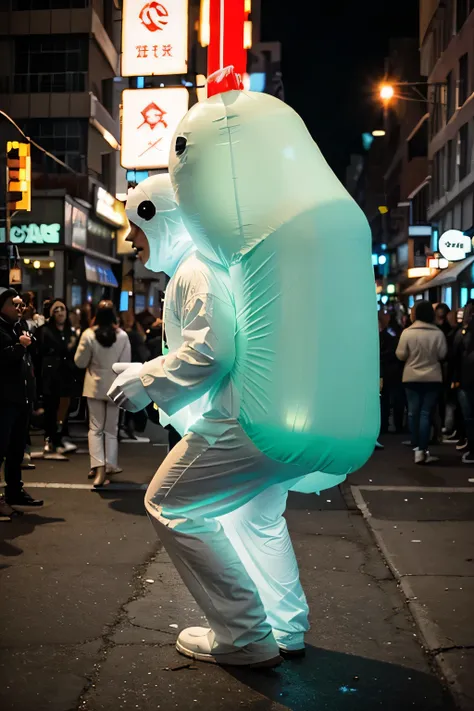 man in blowup luminescent slug creature costume. people in white pajamas squeezing it and trying not to fall off. side view. crowd shouting