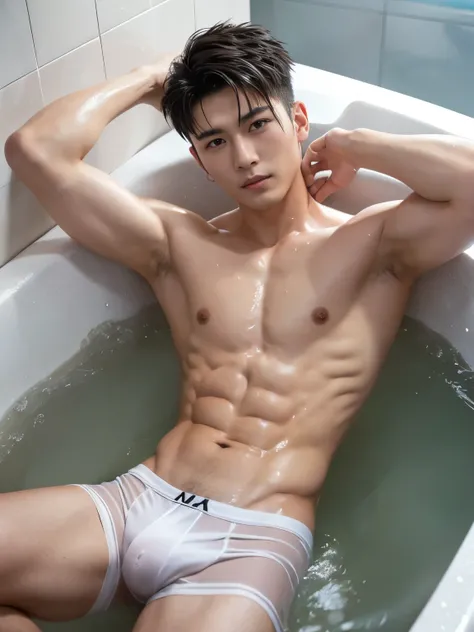 Chinese male actor in briefs, handsome Chinese guy, handsome man, Full Body Shoot, photoshoot, portrait, studio lighting, look at camera, detailed facial parts, Manly, Charmer, Active Boy, take a bath, laying in bath, wet body, open legs, anguished express...