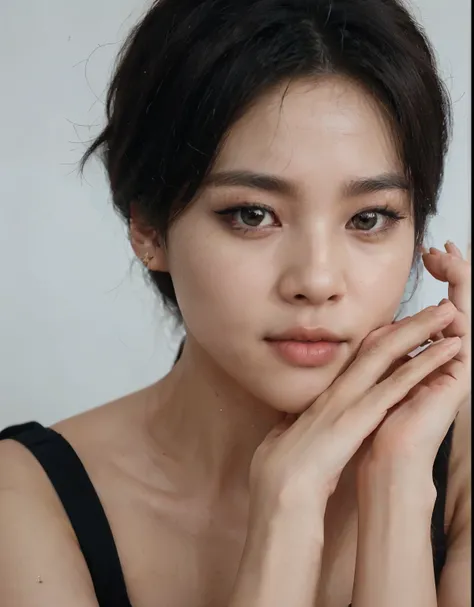 a close up of a man with a black top and a black dress, beautiful south korean woman, popular south korean makeup, popular korean makeup, beautiful young korean woman, korean girl, gorgeous young korean man, beautiful aesthetic face, young adorable korean ...