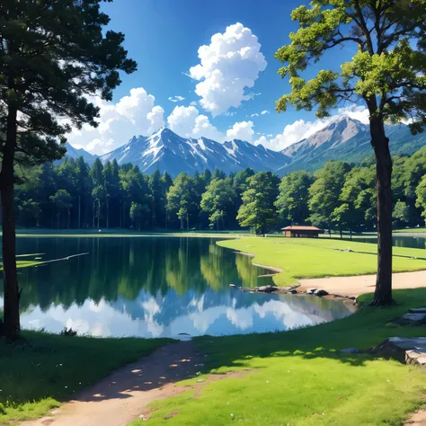 Create a background from an anime in the middle of a green grass field, there is a fairly large shady tree, nearby there is a large lake, at the end of the lake there is a beautiful snow mountain with clouds.