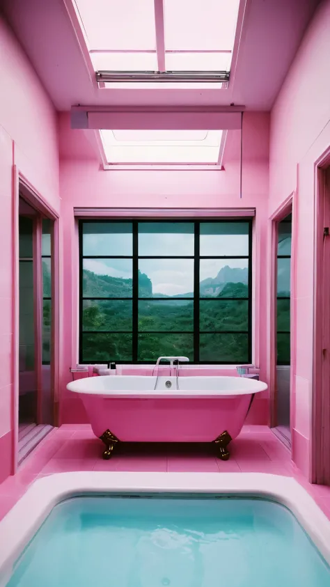 there is a pink bathroom with a large tub and a large window, a photorealistic painting inspired by Elsa Bleda, tumblr, aestheticism, in style of petra collins, petra collins, vintage aesthetic, beautiful aesthetic, retro aesthetic, pink hues, 1 9 8 0 s ae...