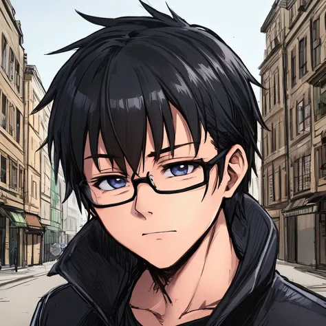 (best quality,anime style,close-up,direct,young man,bust shot,wearing a hoodie, baldness,wearing glasses,bushy eyebrows,slender ...