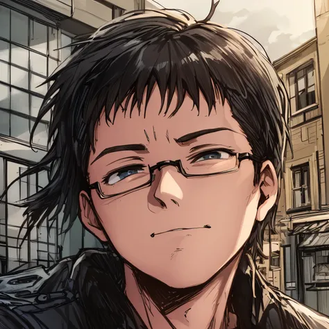 (best quality,anime style,close-up,direct,young man,bust shot,wearing a hoodie, Baldness,wearing glasses,bushy eyebrows,slender eyes,serene expression,very sleepy face,in-focus on the face,low saturation,cloudy sky,daytime,buildings in the background)