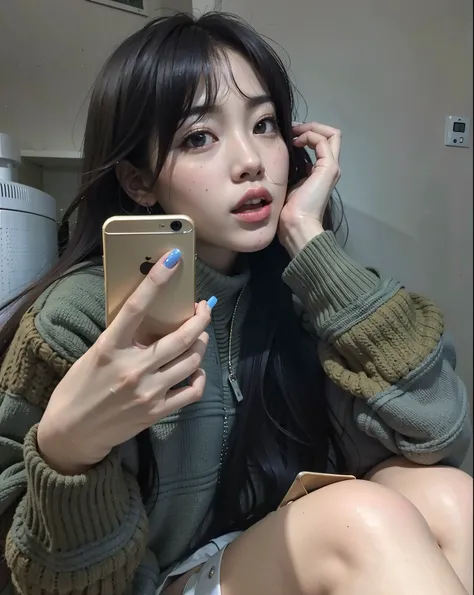 There is a woman sitting on a bed holding a cell phone, Ulzzang,  coreana, selfie,  Asian,  de 19 anos, modelo do instagram, fotografia selfie 8k, beautiful  Asian, garota lofi, young  Asian, selfie de uma jovem, 18 anos de idade, shikami, 2 4 deputados, b...