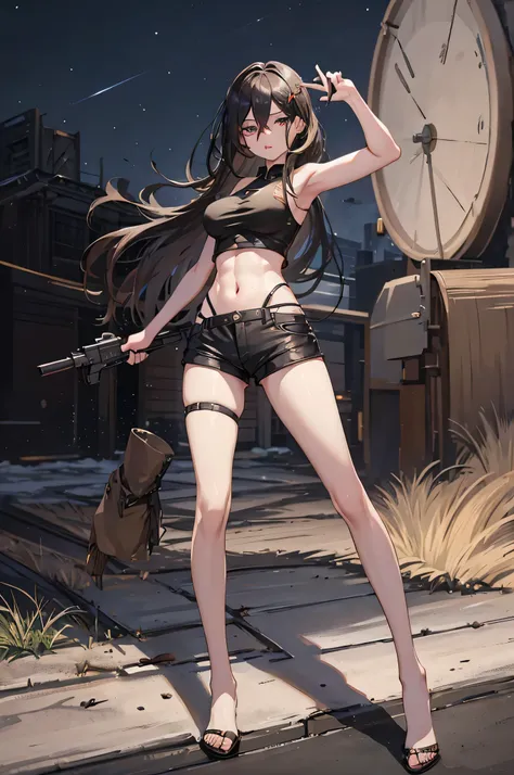 1 girl, military tank top, long hair ,black hair, black eyes, holding a revolver,, Wallpaper, terrain, blood, blood splatter, depth of field, at night, light particles, light rays, On the side of the road, thigh, luck (set), Genshin Impact, ****, , thighสู...