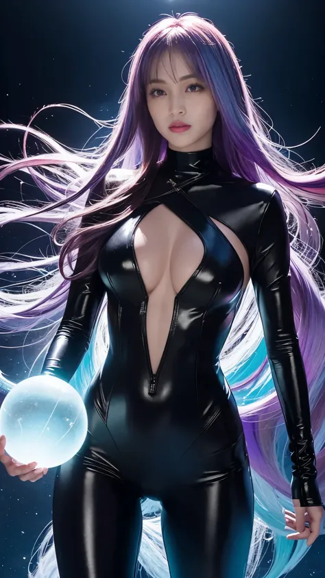 Masterpiece, best quality, 1girl, with long flowing iridescent hair in shades of purple, blue, and green, wearing a sleek black bodysuit, standing in a dramatic pose with one hand on her hip and the other holding a glowing, magical crystal ball. In the bac...