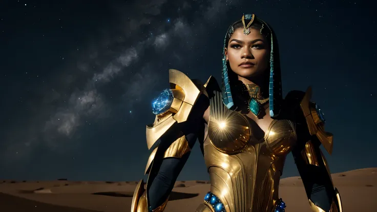 Zendaya portrayed as Cleopatra from the ancient egypt, ultra futuristic mecha suit detailed in gold with blue gems, in the desert at night,, photorealistic, dramatic, cinematic, 4k resolution, hyperdetailed, dramatic scene,