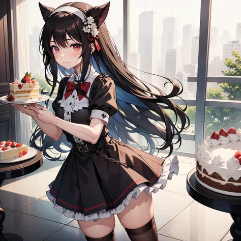 rating:safe, 1girl, thighhighs, long_hair, black_legwear, black_hair, solo, frills, food, red_eyes, blush, skirt, tail, looking_at_viewer, closed_mouth, hairband, smile, dress, bow, cake, very_long_hair, zettai_ryouiki, frilled_skirt, belt, short_sleeves