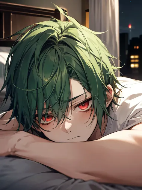 Green hair and eyes, male teenager, red eyes, sad, emotionless, bedroom, tired, night time, dark, laying on the bed