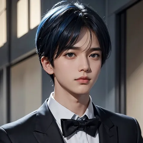 A boy, Blue cut hair,wearing a white shirt and black tie