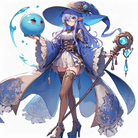 (masterpiece, Best Quality), (Perfect athlete body:1.2), (detailed hairs), Ultra-detailed, Anime style, Full body, Solo, Scholarly looking elf woman, wearing sorcerers robes, staff and glasses, blue slime-like mascot creature on her shoulder, standing in t...