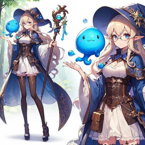 (masterpiece, Best Quality), (Perfect athlete body:1.2), (detailed hairs), Ultra-detailed, Anime style, Full body, Solo, Scholarly looking elf woman, wearing sorcerers robes, staff and glasses, blue slime-like mascot creature on her shoulder, standing in t...