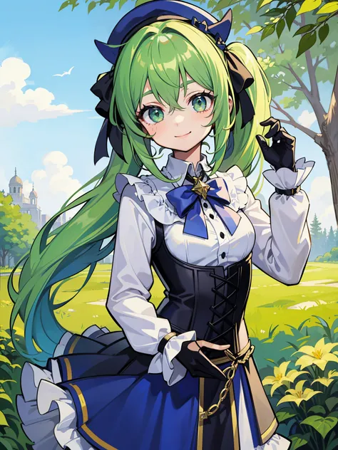 rating:safe, 1girl, smile, solo, green_eyes, long_hair, dress, green_hair, long_sleeves, looking_at_viewer, blue_dress, twintails, bow, corset, ribbon, hat, skirt, gloves, nature, blonde_hair