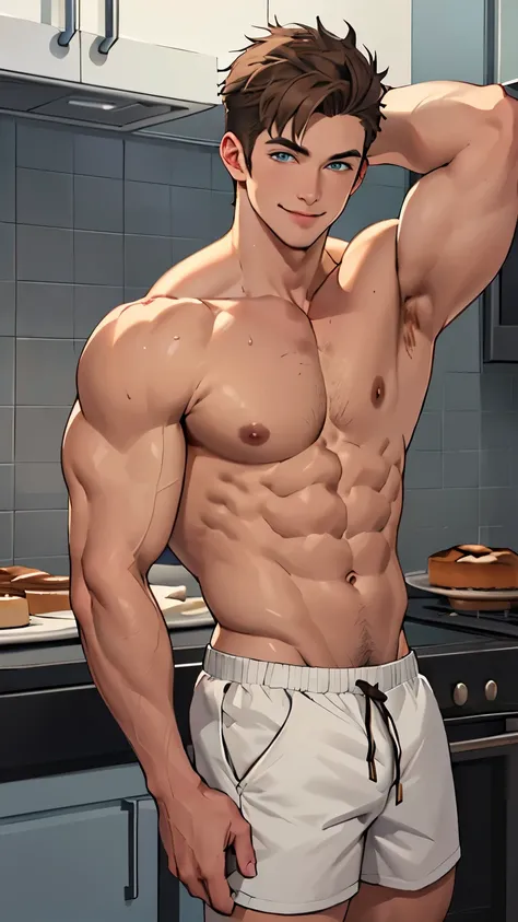 handsome man,Not wearing a shirt,white skin,Handsome face,Shirtless,Full HD,masterpice,short hair,Arm muscles,Chest muscles,smiling, happy,Wear cream-colored shorts.,V Shape,making pastry dough,Enter the kitchen in pastel colors.,Beat flour to make dessert...