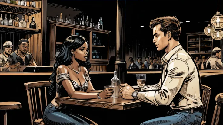 uma jovem negra conversando com 1 Homem Branco em um bar .hq comicas book