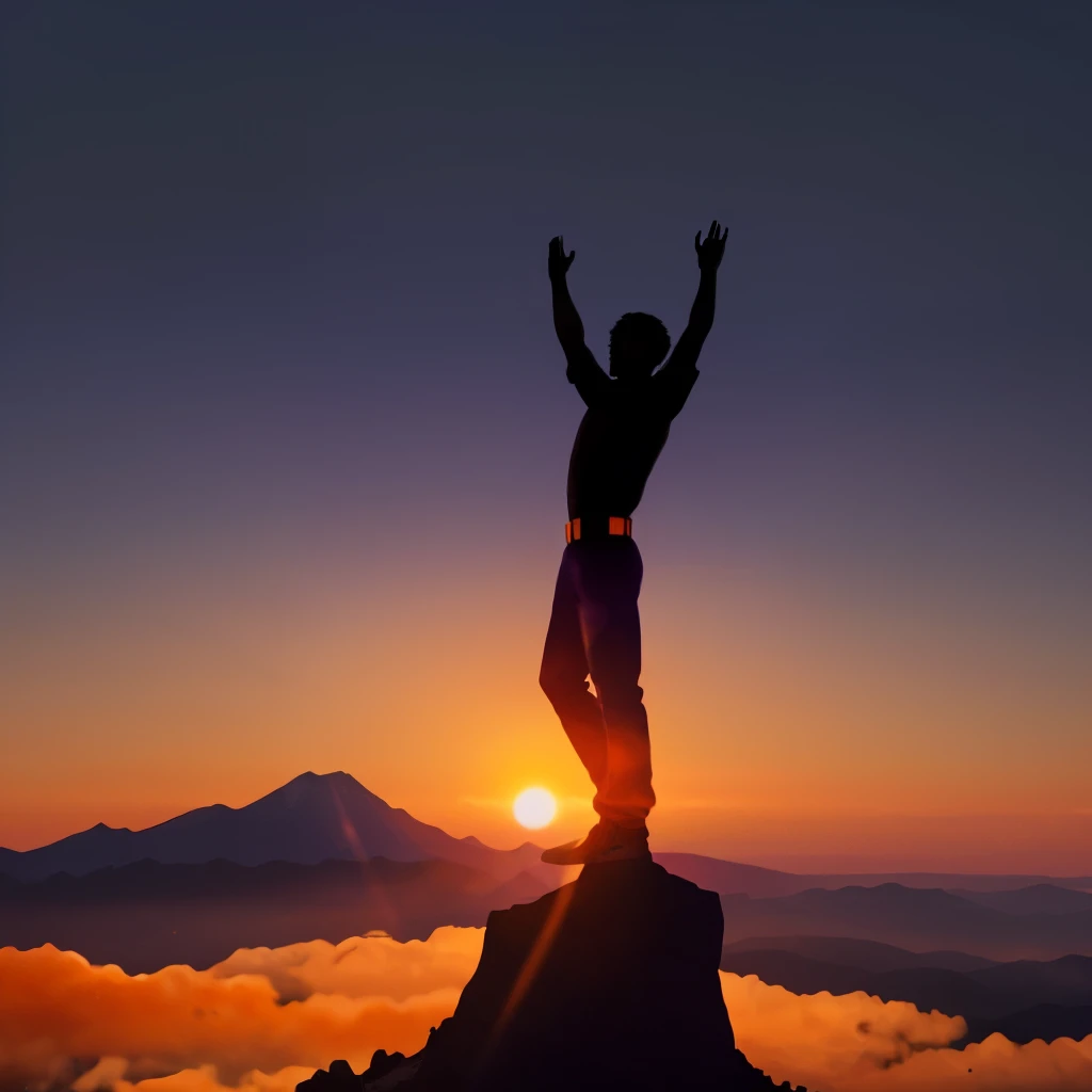 Colours: violet, orange, white, main element silhouette of man, standing on the top of a mountain and raising his hands to the sky, minimalistic, contour, violet, quite large, to catch the eye, the rising sun behind a man, filling everything around with or...