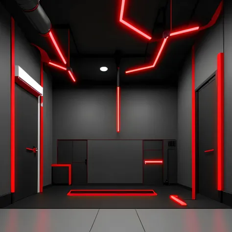 a fitness room with equipment on the floor, modelo de corpo inteiro anime vtuber, SCP Foundation, paleta de cores vermelho escuro e preto, o metaverso criptografado, ventilation shafts, em um quarto branco, by senior character artist, theater Internship, e...