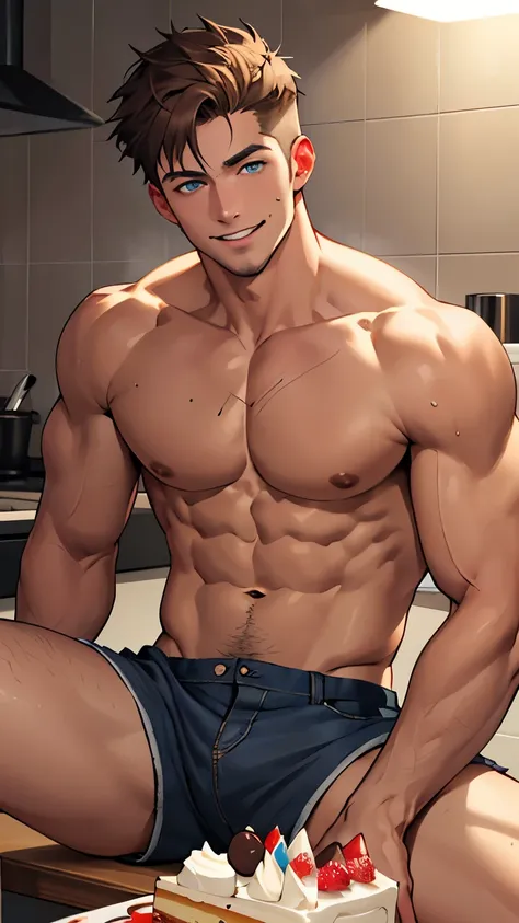 handsome man,Not wearing a shirt,white skin,Handsome face,Shirtless,Full HD,masterpice,short hair,Arm muscles,Chest muscles,smiling, happy,Wear shorts.,V Shape,making pastry dough,Enter the kitchen in pastel colors.,Beat flour to make dessert,male body,sex...