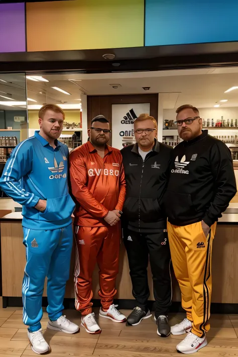 2 ginger men with glasses, a short Indian man, a blonde Latvian man with an adidas track suit and bottle of vodka, a fat polish  with cigarette man with a Big Mac, a tall fat blonde man, a fat man with a rainbow shirt and a short hacker man with a computer...