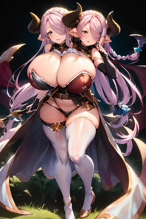 (2heads:1.2), (solo), 1girl, (narmaya (granblue fantasy)), draph, demon horns, hair over one eye, purple eyes, determined expression, looking at viewer, pov, (shortstack:1.4), Standard, ver1costume, high quality, masterpiece, 8k, 4k, autumn forest backgrou...