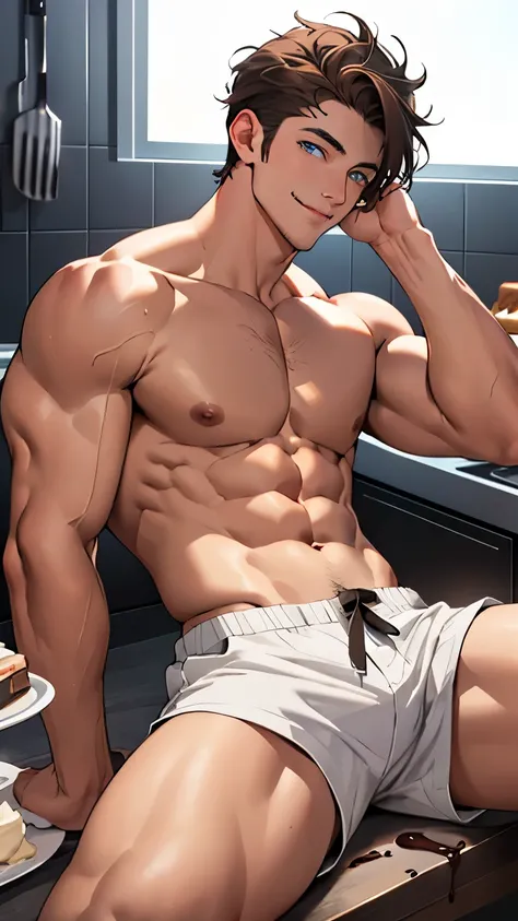 handsome man,Not wearing a shirt,white skin,Handsome face,Shirtless,Full HD,masterpice,short hair,Arm muscles,Chest muscles,smiling, happy,Wear shorts.,V Shape,making pastry dough,Enter the kitchen in pastel colors.,Beat flour to make dessert,male body,sex...